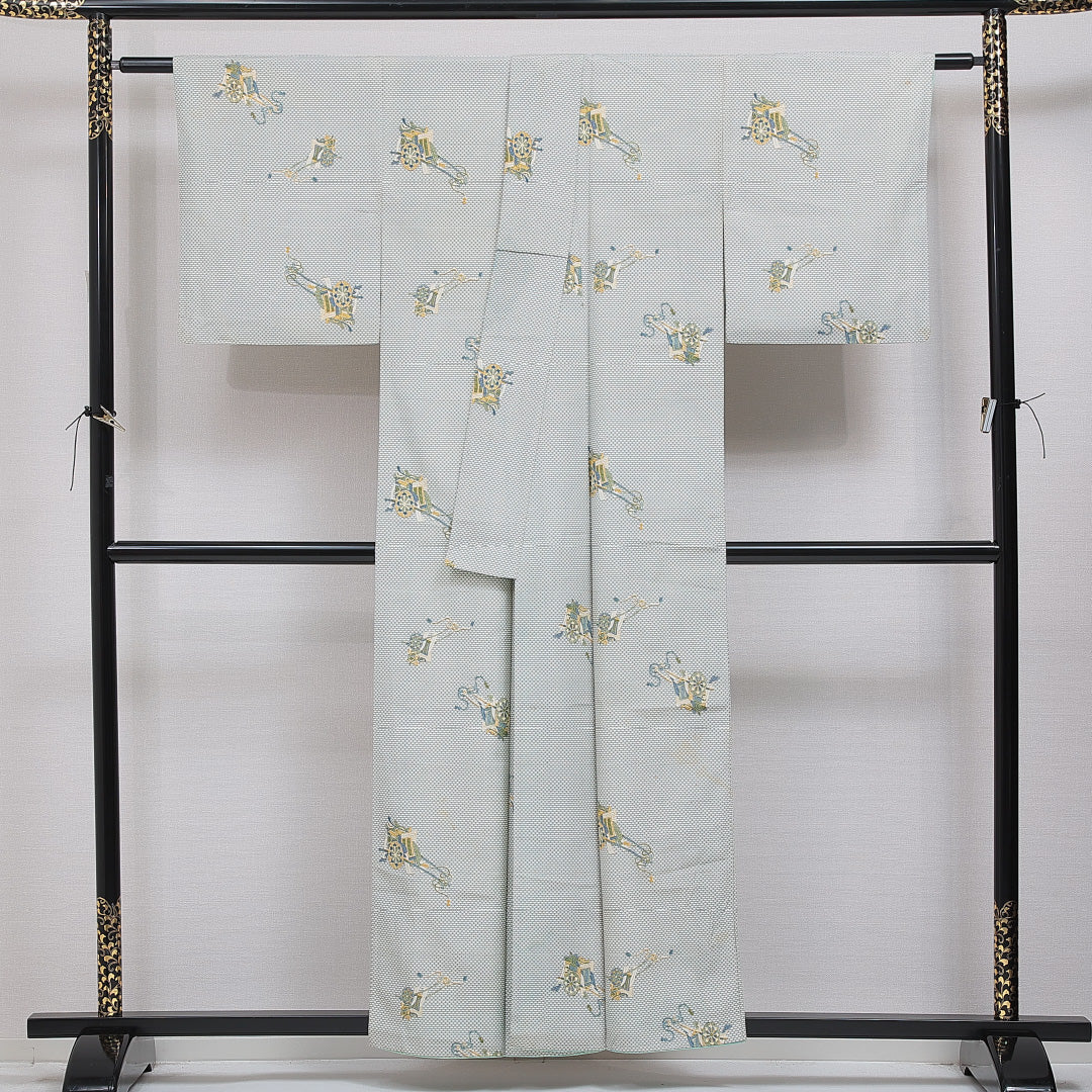 小紋 洗える着物 袷 身丈155cm 裄丈62cm ポリエステル Cランク Mサイズ 広衿 インフォーマル 御所車 亀甲 クリーム系 1215-16091