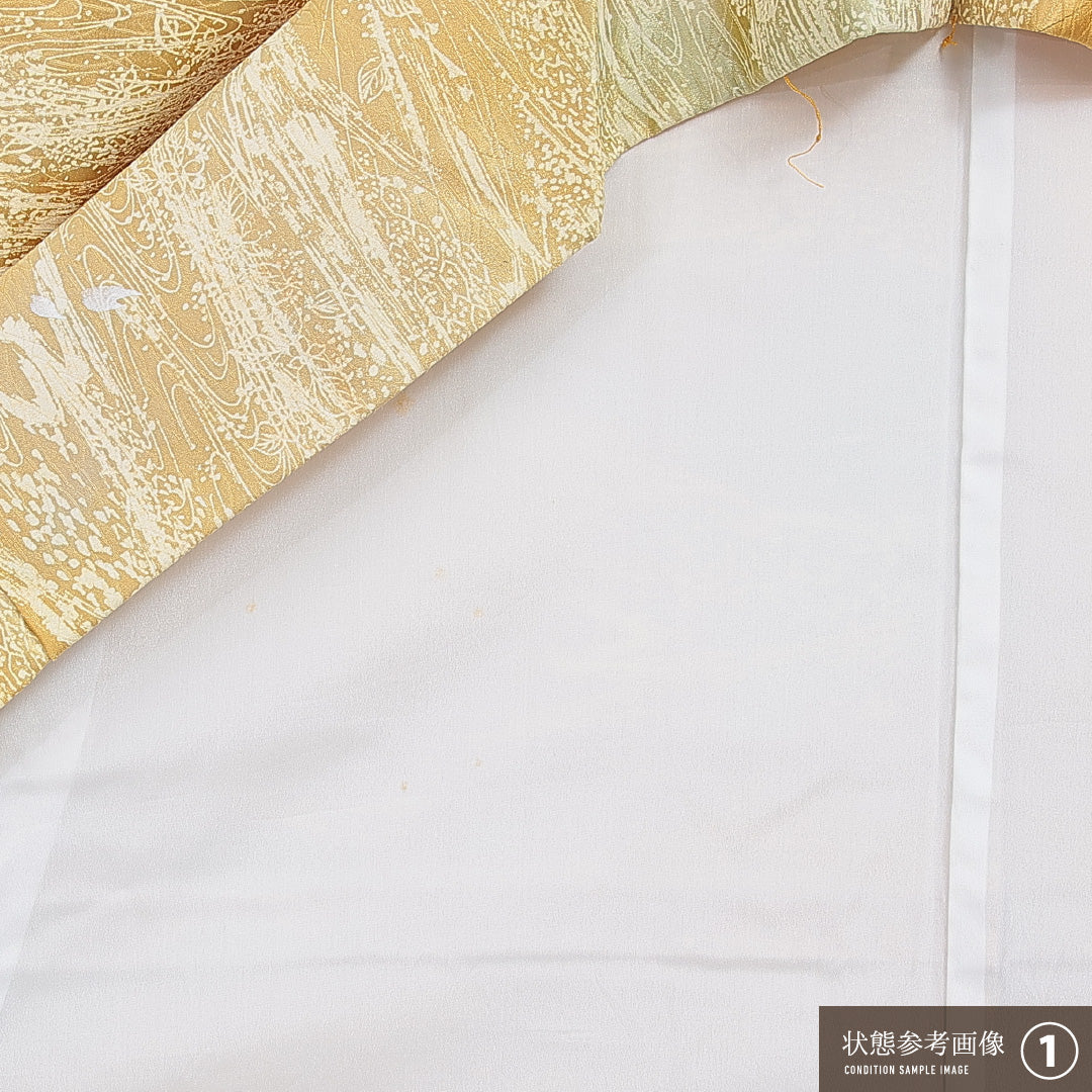 洗える着物 小紋 袷 身丈146cm 裄丈64cm ポリエステル Bランク インフォーマル 広衿 XSサイズ 流水 植物柄 黄系 HP 1221-16010