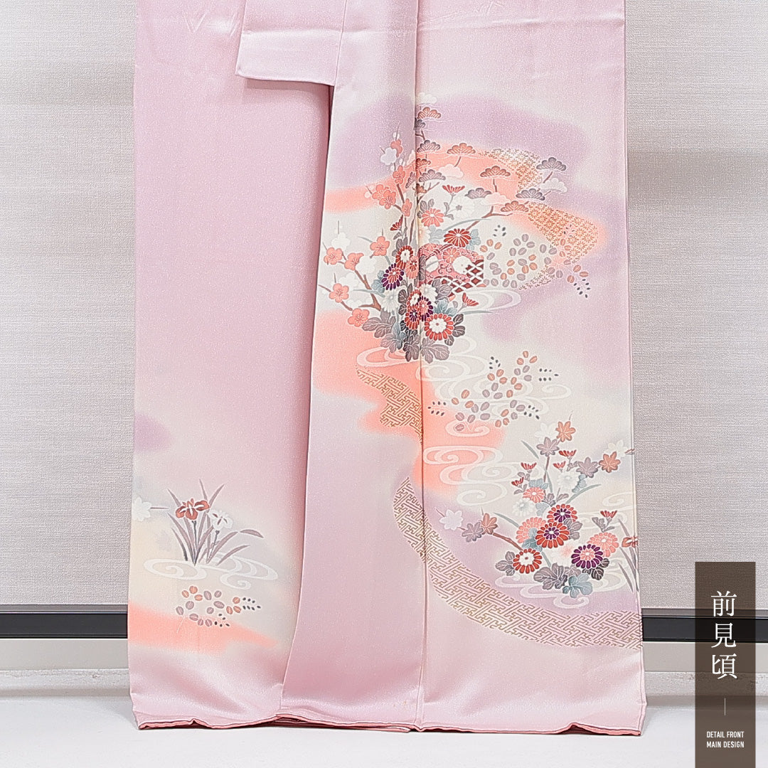 訪問着 袷 身丈167cm 裄丈66cm 正絹 Cランク セミフォーマル 広衿 XLサイズ 菊 吉祥文様 ピンク系 HP 1217-15741