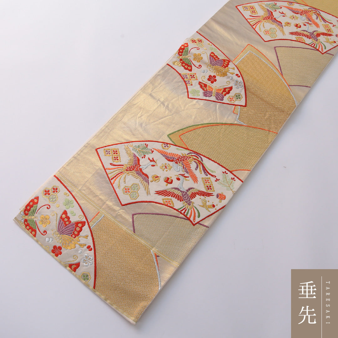 袋帯 帯丈428cm 正絹 六通 フォーマル 扇面文 鳳凰 金系 1243-01935