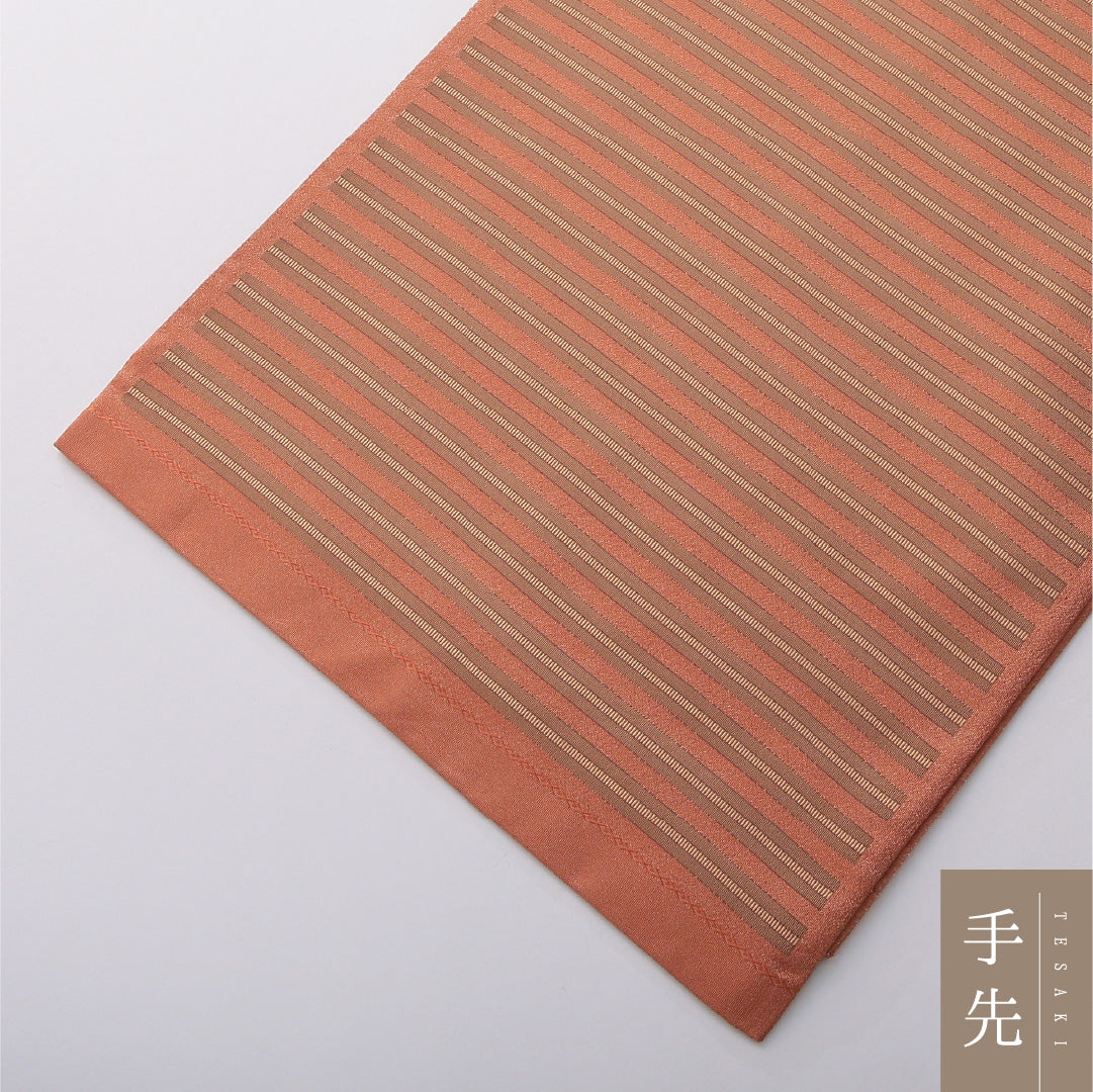 九寸名古屋帯 Sランク 帯丈440cm 正絹 六通 開き仕立て 帯芯なし 織り カジュアル 縞 茶に近い朱系 LP 1245-03601