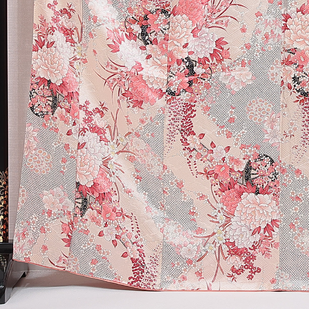 小紋 袷 身丈166cm 裄丈66cm 正絹 Cランク XLサイズ 広衿 インフォーマル 牡丹 ピンク系 1215-15647