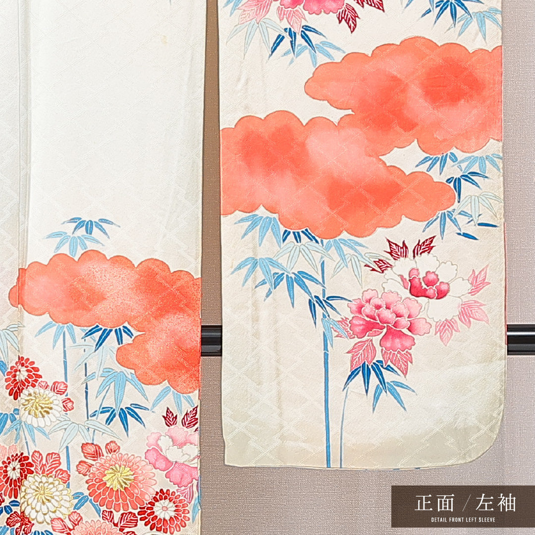 振袖 袷 身丈162cm 裄丈64cm フォーマル Cランク Lサイズ 正絹 広衿 雲 牡丹 笹 1213-F0669