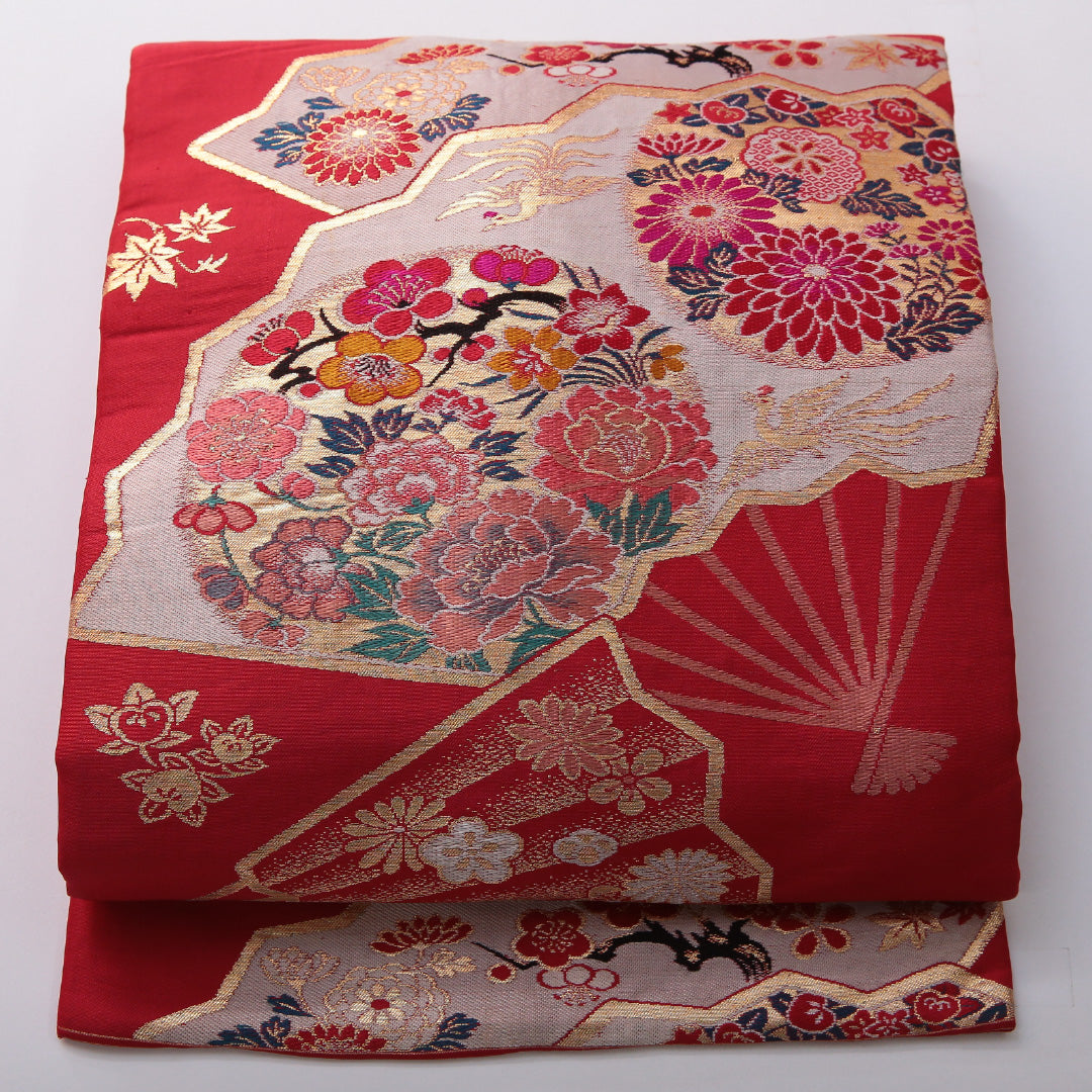 アンティーク 九寸名古屋帯 帯丈321cm インフォーマル 名古屋仕立て ポイント柄 Aランク 正絹 鳳凰 菊 赤系 1224-03526