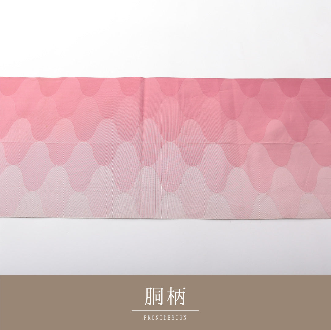 八寸名古屋帯 帯丈359cm カジュアル 松葉仕立て 全通 Cランク 正絹 幾何学柄 ピンク系 1224-03794