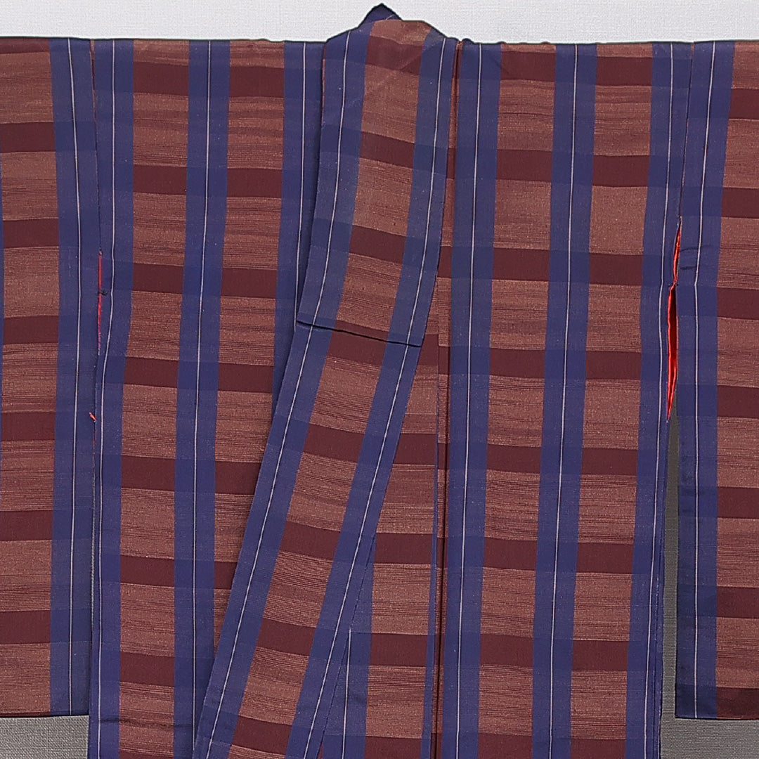 アンティーク 小紋 袷 身丈155cm 裄丈63cm 正絹 Dランク Mサイズ 広衿 格子 茶系 青系 1215-15576