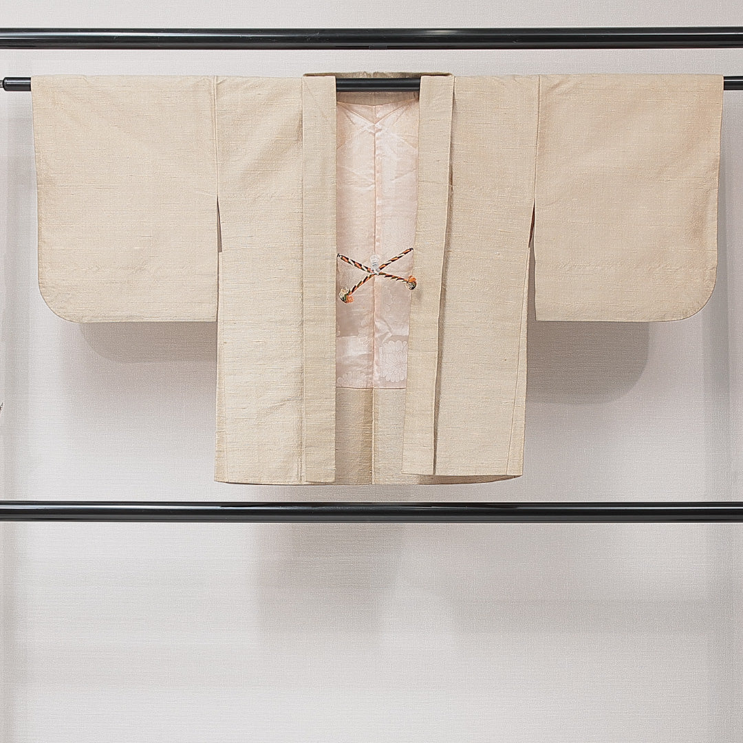 羽織 袷 身丈73cm 裄丈62cm 正絹 Cランク カジュアル Sサイズ 紐あり 無地 ベージュ系 LP 1232-15254