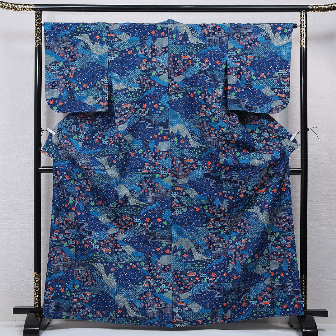 紬 単衣 身丈167cm 裄丈65cm 正絹 Cランク カジュアル バチ衿 XLサイズ 染め紬 花柄 青系 LP 1223-15537
