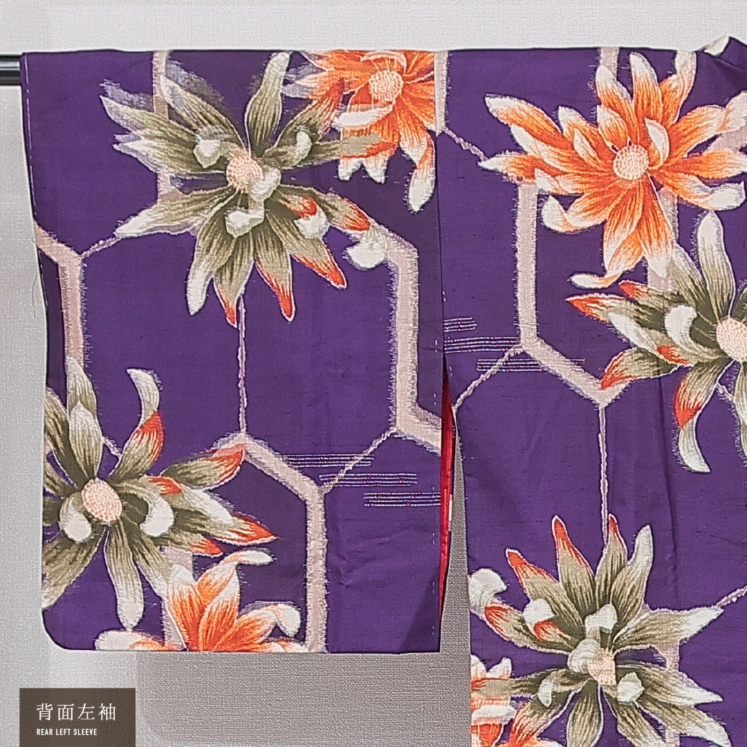 アンティーク 道行コート(銘仙) 袷 身丈86cm 裄丈64cm 正絹 Aランク Mサイズ 亀甲 花柄 青系 1263-15179