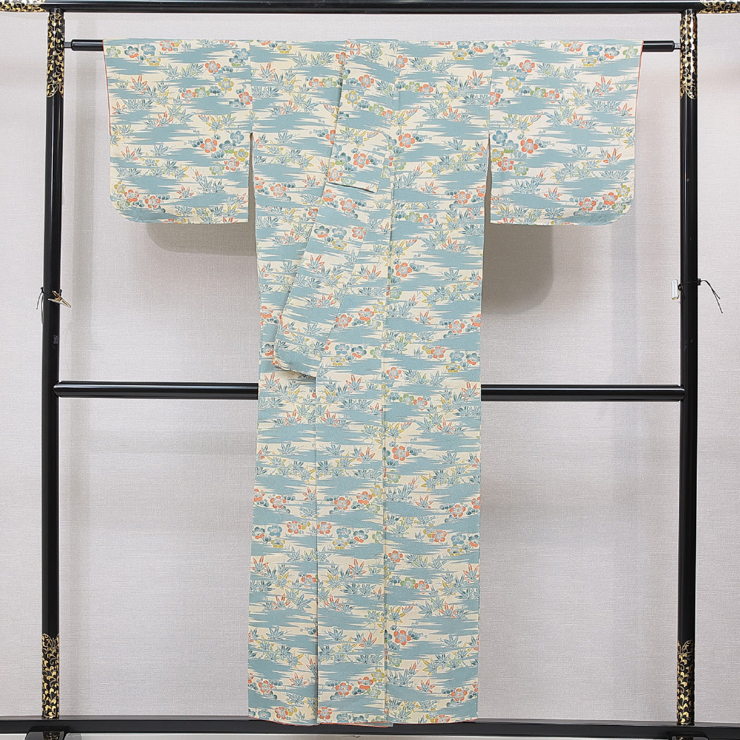 小紋 袷 身丈150cm 裄丈61cm 正絹 Sランク インフォーマル 広衿 Sサイズ 梅 紅葉 クリーム系 RP 1221-15518