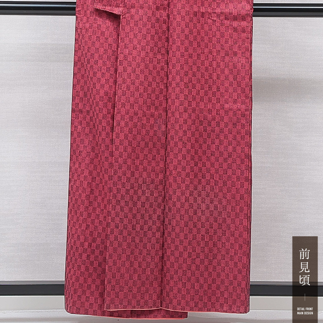 紬 袷 身丈157cm 裄丈63cm 正絹 Cランク カジュアル バチ衿 Mサイズ 市松 ピンク系 HP 1223-15713