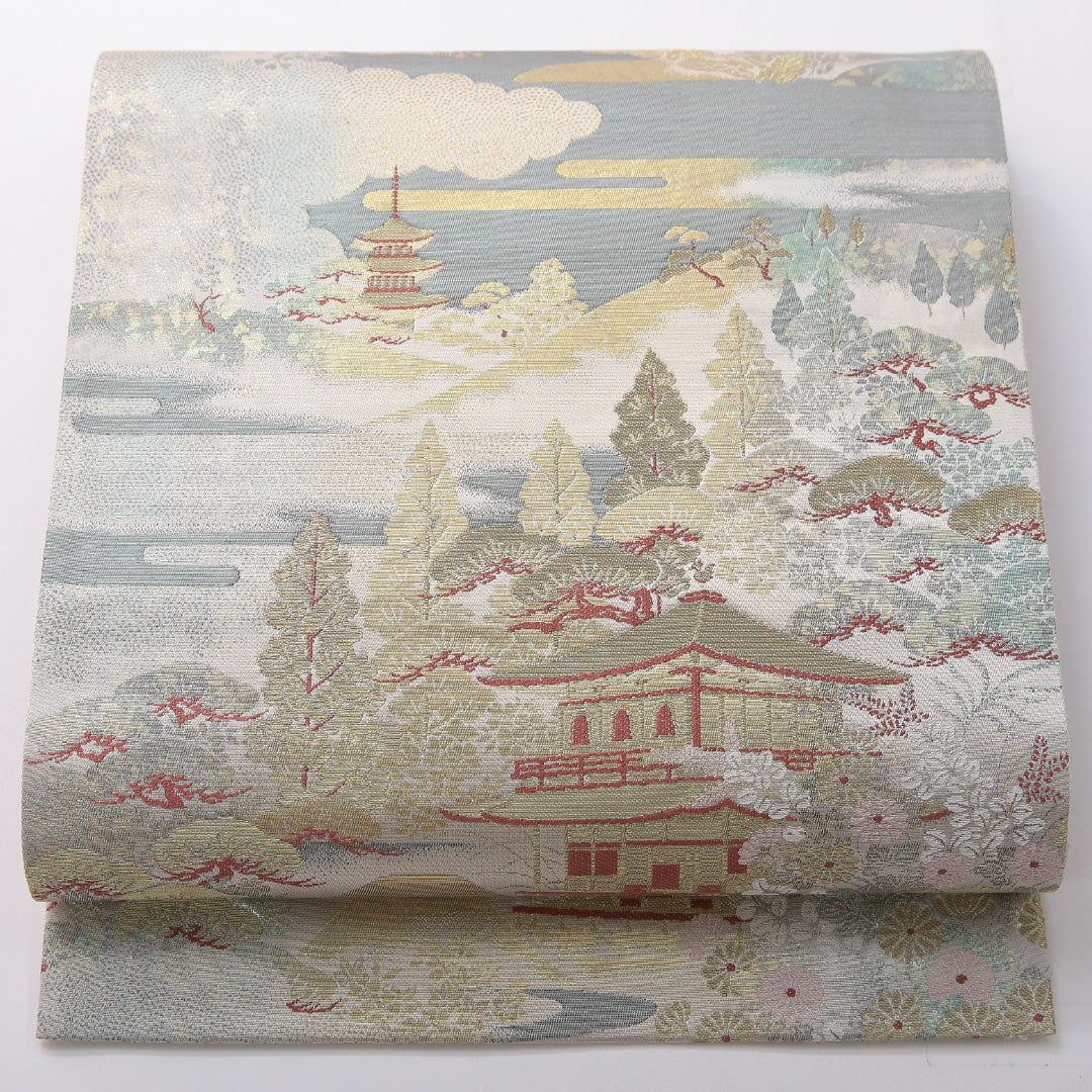 袋帯 帯丈428cm フォーマル 六通 Sランク 正絹 楼閣 クリーム系 1223-02076