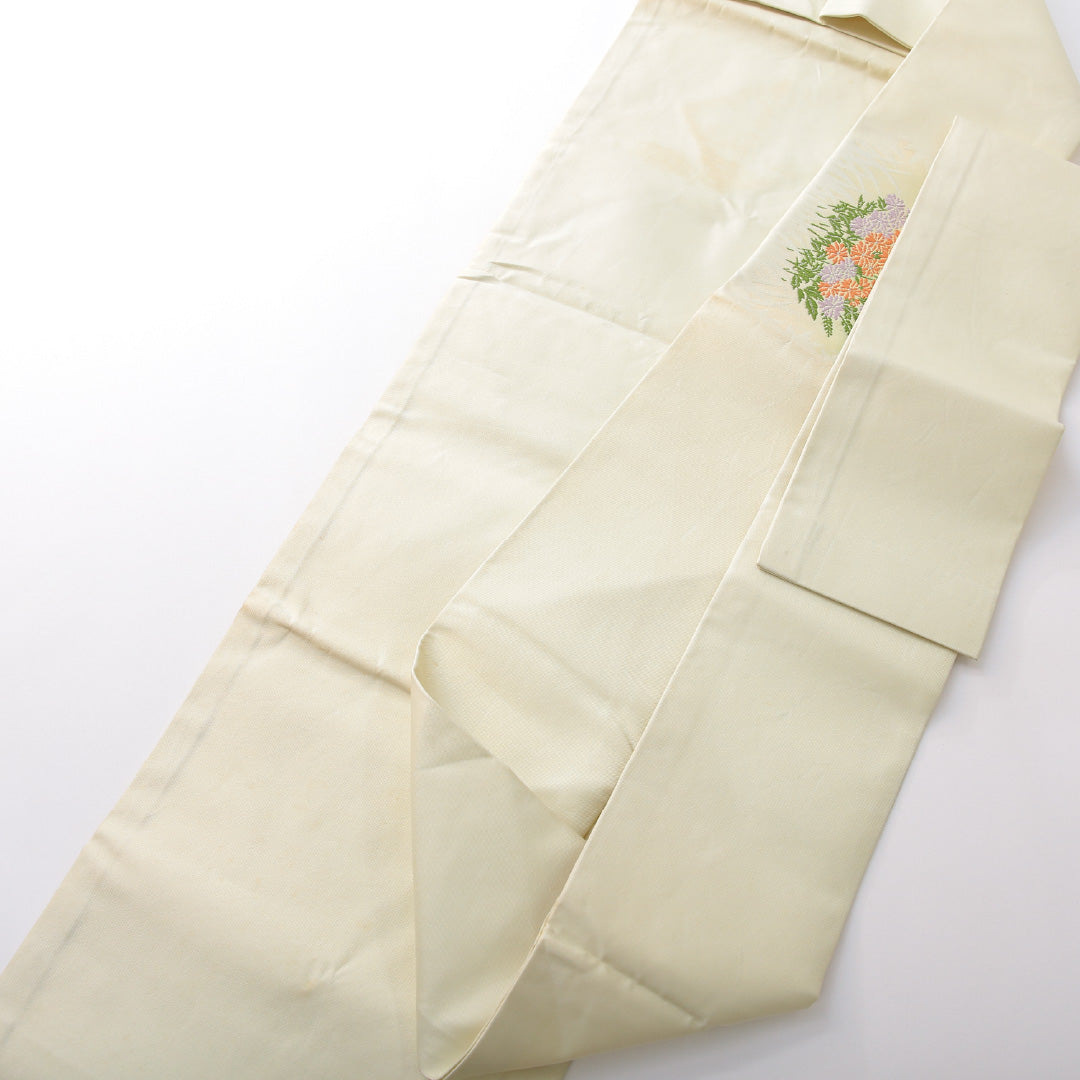 九寸名古屋帯 帯丈344cm カジュアル 名古屋仕立て ポイント柄 Cランク 正絹 菊 緑系 1224-03766