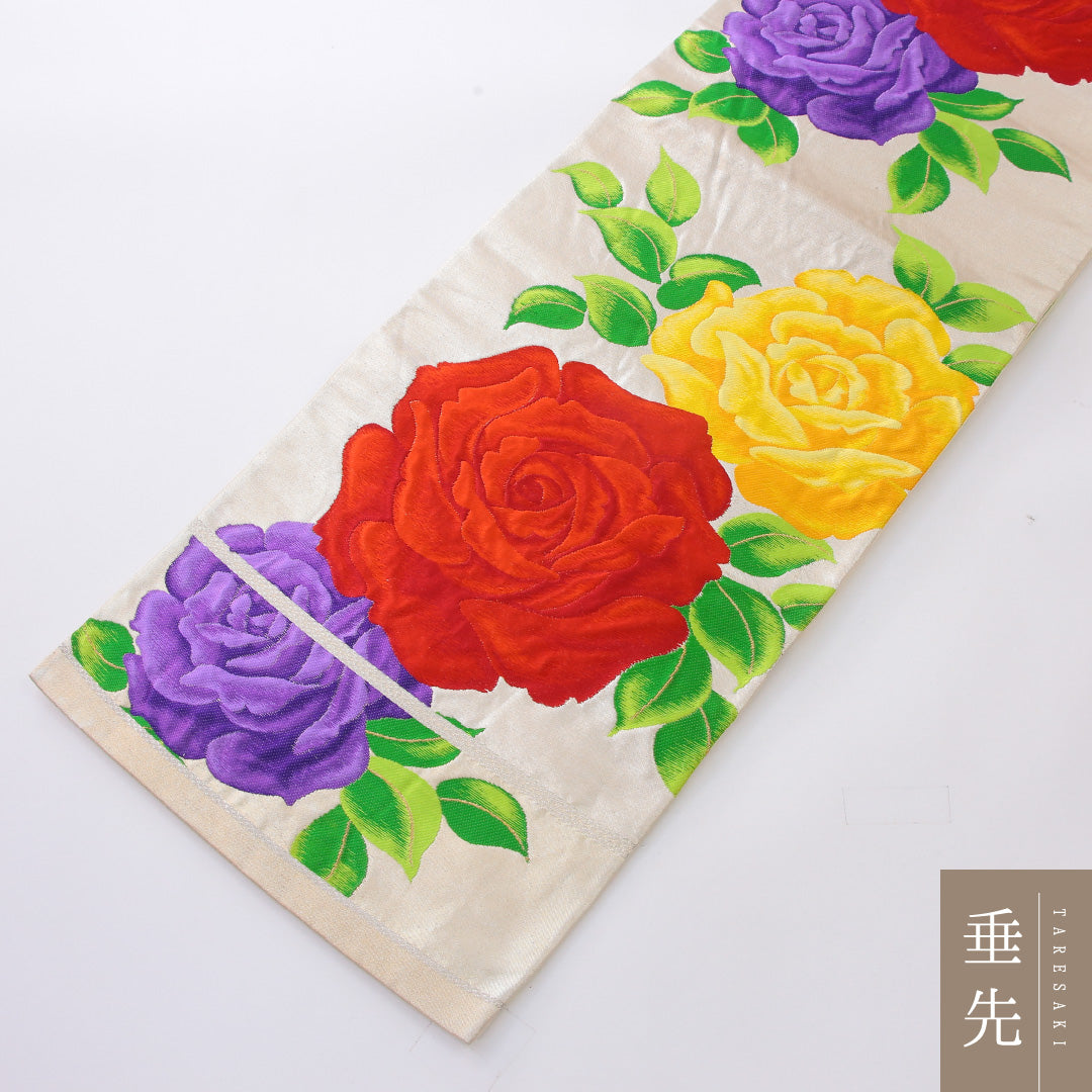袋帯 帯丈418cm 正絹 六通 セミフォーマル 薔薇 クリーム系 1243-02188