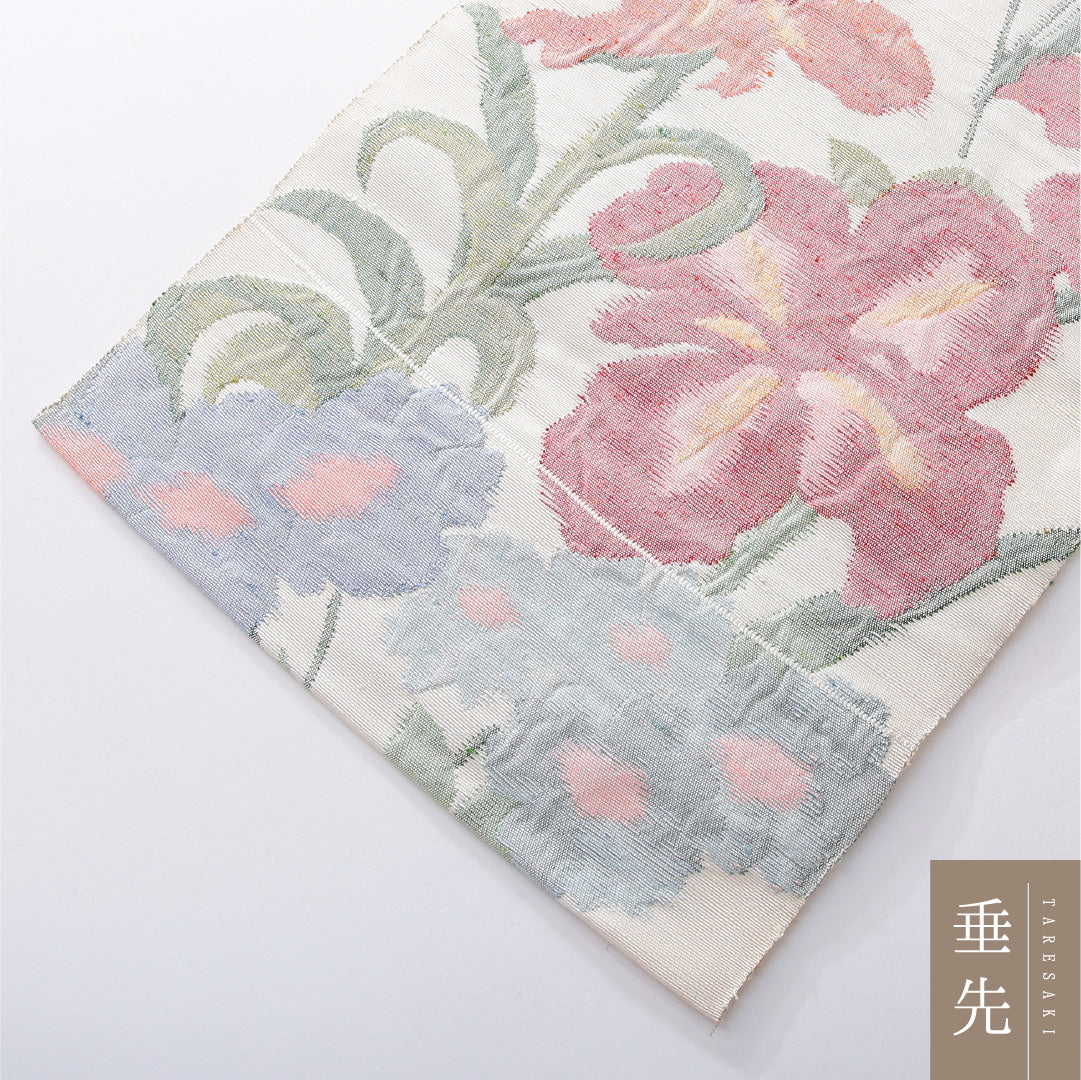 八寸名古屋帯(紬) 帯丈366cm カジュアル 松葉仕立て 六通 Aランク 正絹 花柄 クリーム系 1224-03909