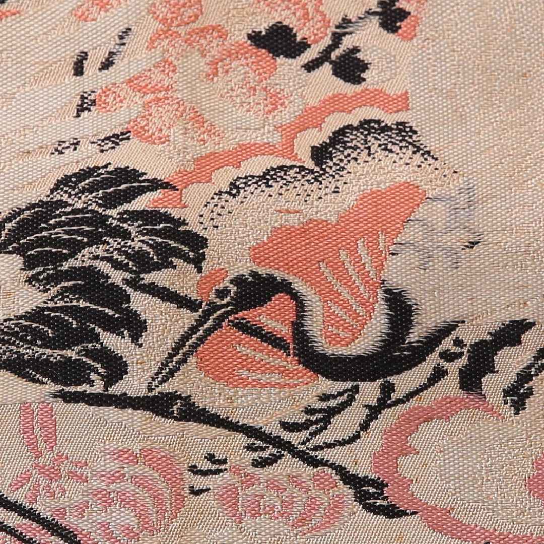 アンティーク 丸帯 帯丈380cm 全通 Cランク 正絹 鶴 菊 クリーム系 1223-02026