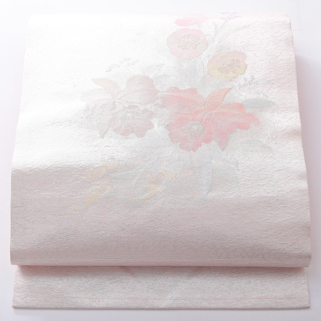 九寸名古屋帯 帯丈355cm インフォーマル 名古屋仕立て ポイント柄 Aランク 正絹 花柄 ピンク系 銀系 1224-03911