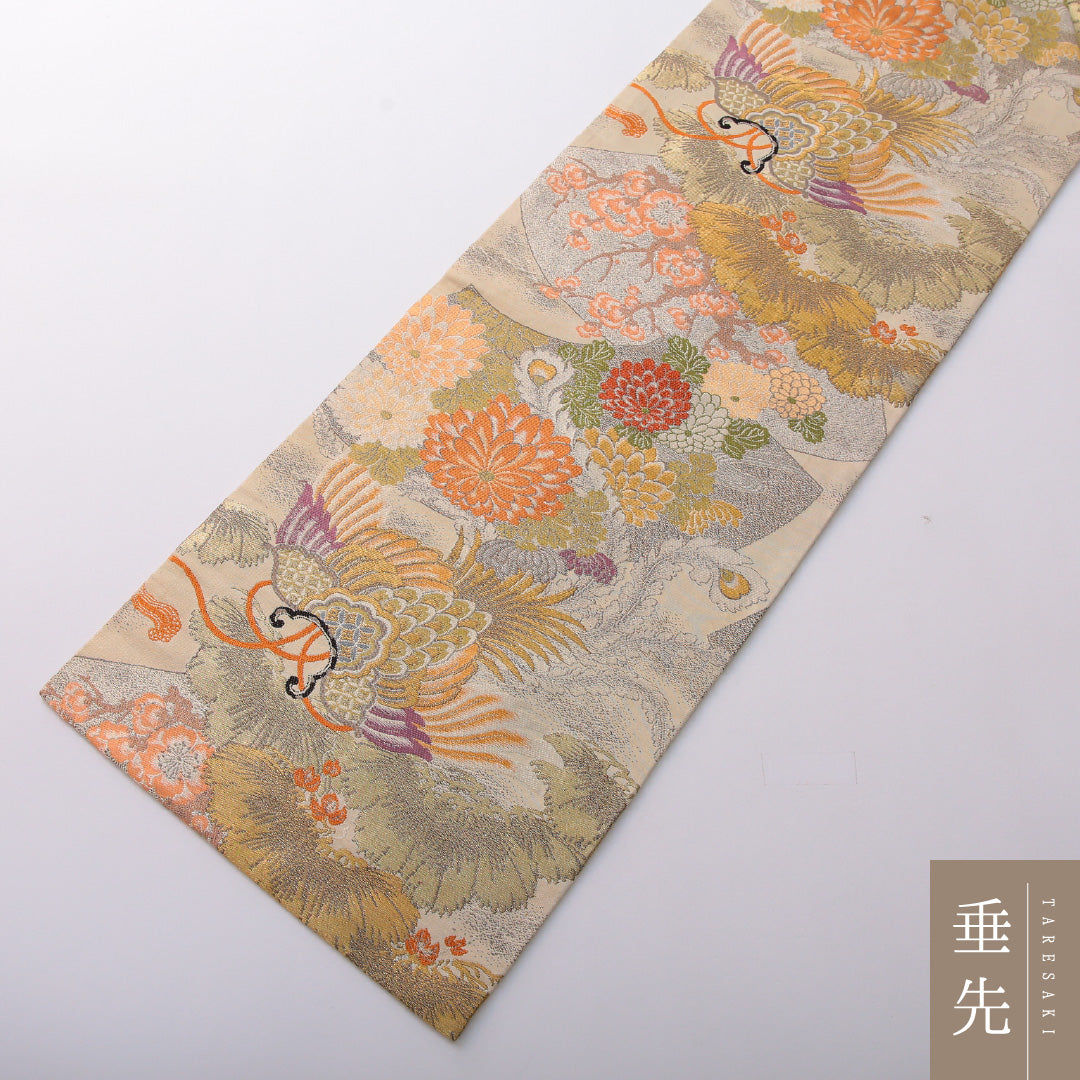 アンティーク 九寸名古屋帯 帯丈341cm セミフォーマル 名古屋仕立て 全通 Aランク 正絹 吉祥文様 桐 クリーム系 1224-03525