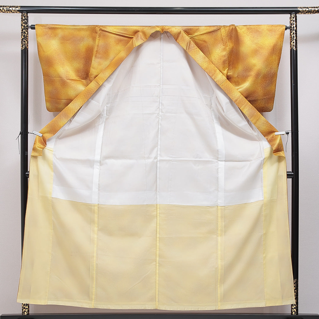 洗える着物 小紋 袷 身丈157cm 裄丈65cm ポリエステル Aランク インフォーマル バチ衿 Mサイズ 創作柄 金系 RP 1221-16386