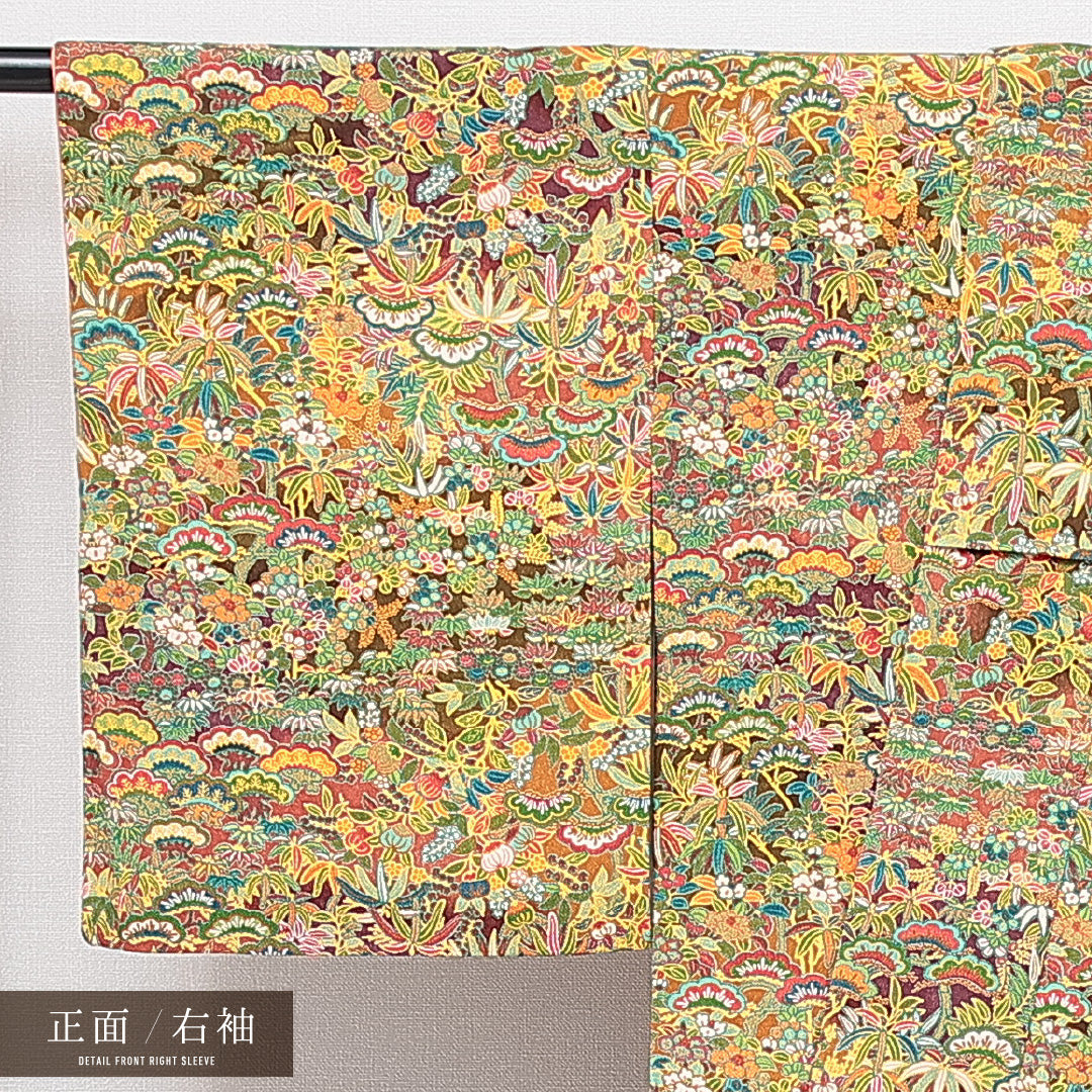 小紋 袷 身丈161cm 裄丈62cm 正絹 Sランク インフォーマル 広衿 Lサイズ 橘 笹 多色系 RP 1221-15016