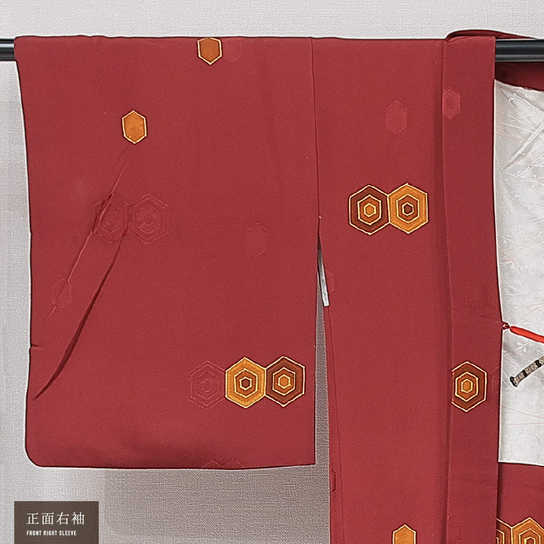羽織 袷 身丈79cm 裄丈62cm 正絹 Sランク カジュアル Sサイズ 紐あり 亀甲 赤系 RP 1232-15273