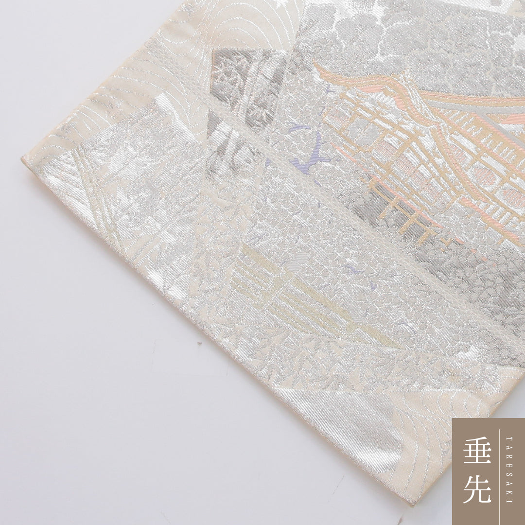 袋帯 帯丈432cm プラチナ箔二重織 フォーマル 六通 Aランク 正絹 寺社仏閣 銀系 1223-02316