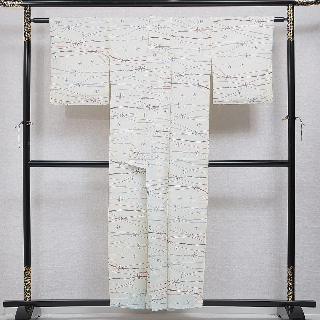 小紋 洗える着物 袷 身丈155cm 裄丈67cm ポリエステル Cランク Mサイズ 広衿 インフォーマル 花柄 クリーム系 1215-16095