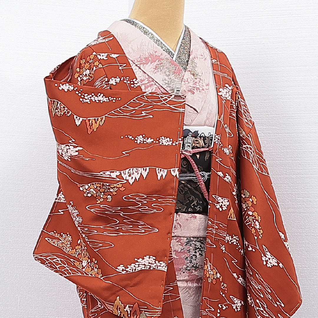 未使用品 羽織 袷 身丈79cm 裄丈63cm 正絹 Nランク カジュアル Sサイズ 紐あり しつけ糸 山 茶系 RP 1232-15318