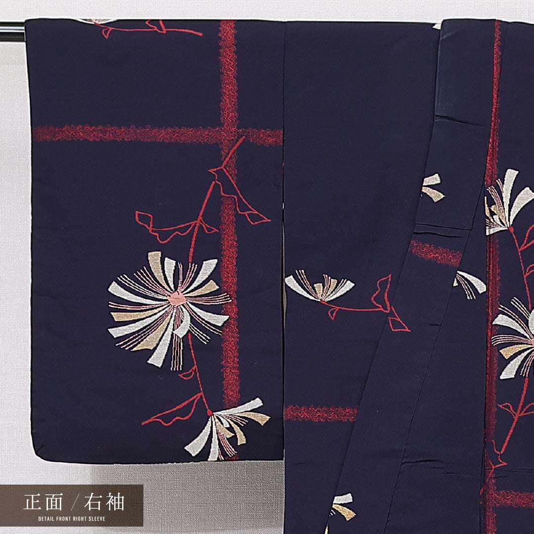 アンティーク お召 袷 身丈150cm 裄丈62cm 正絹 Dランク Sサイズ バチ衿 菊 紫系 1265-15042