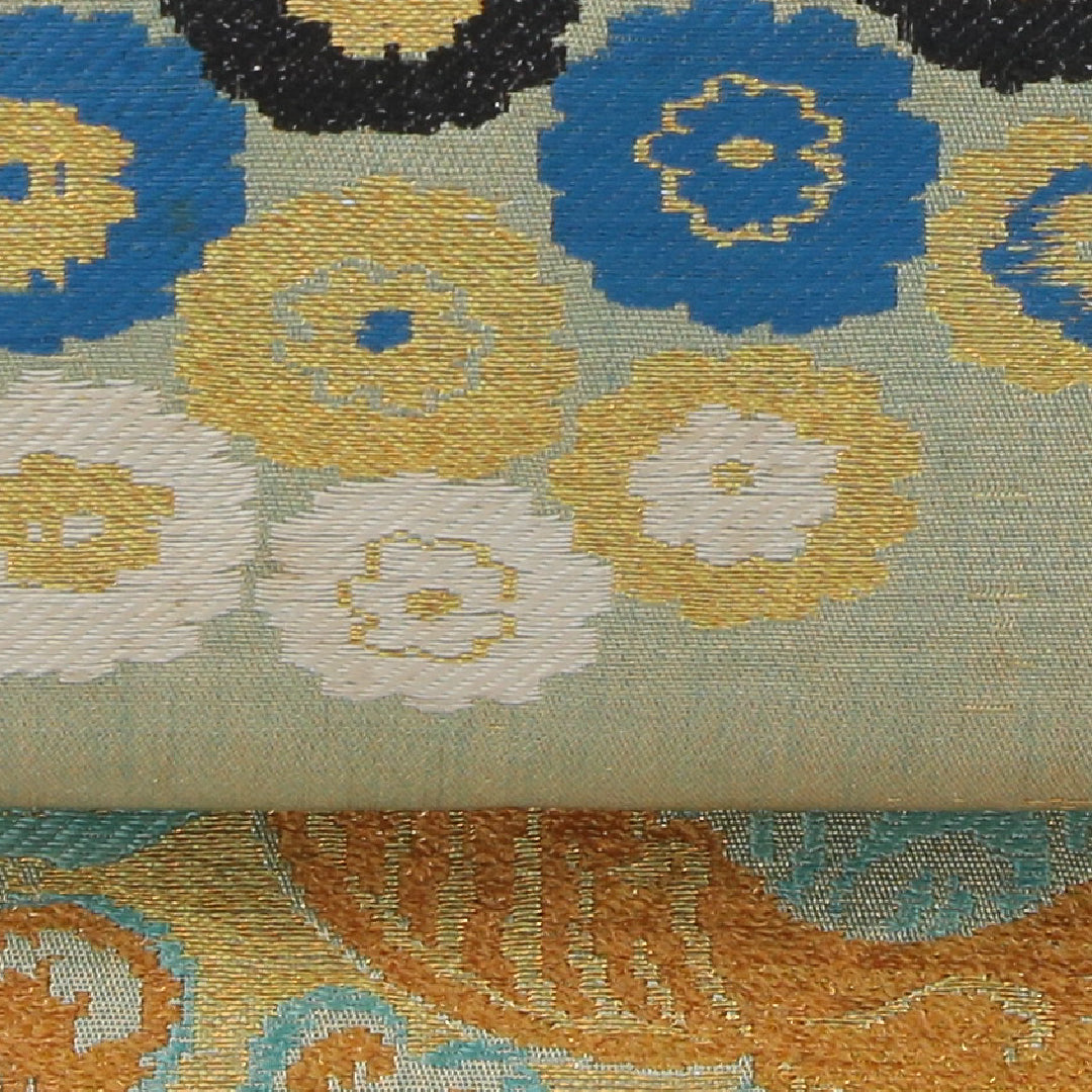 アンティーク 九寸名古屋帯 帯丈342cm 名古屋仕立て 六通 Cランク 正絹 花柄 緑系 1224-04048