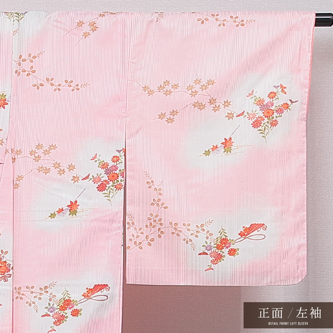 小紋 洗える着物 袷 身丈162cm 裄丈65cm ポリエステル Cランク Lサイズ 広衿 インフォーマル 菊 紅葉 ピンク系 1215-16054