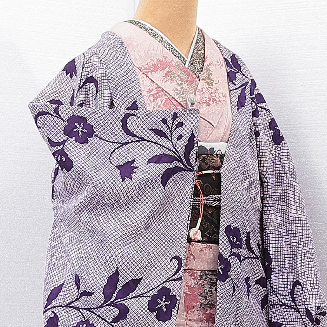 羽織 袷 身丈81cm 裄丈63cm 正絹 Sランク カジュアル Sサイズ 花柄 鹿の子柄 紫系 RP 1232-15256