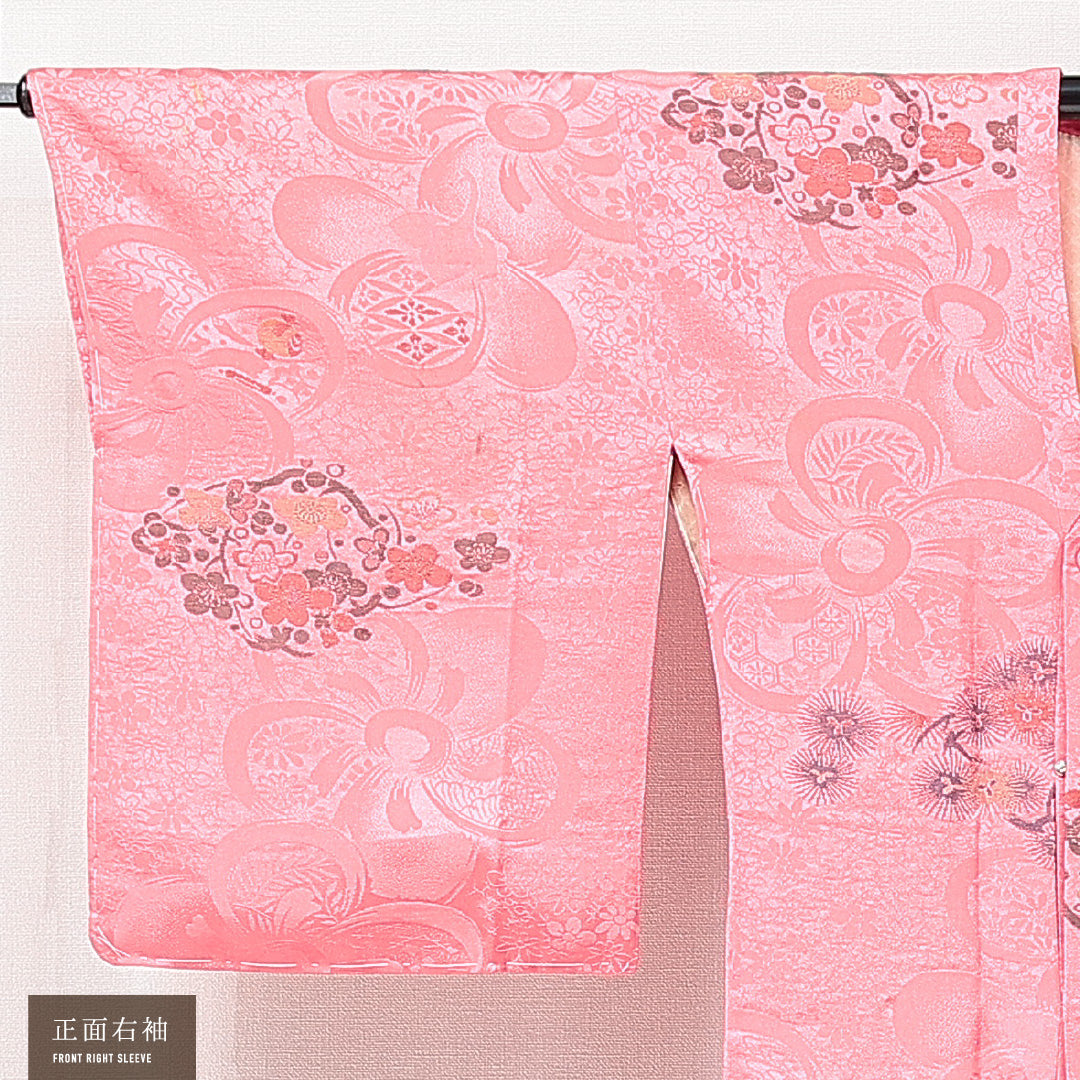 アンティーク 道行コート(お召) 袷 身丈98cm 裄丈65cm 正絹 Bランク Mサイズ ポケットあり 梅 ピンク系 1263-15276