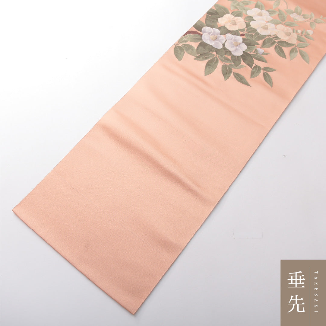 八寸名古屋帯 Aランク 帯丈354cm 正絹 ポイント柄 松葉仕立て 織り インフォーマル 綴れ織 椿 淡い朱系 LP 1245-03787