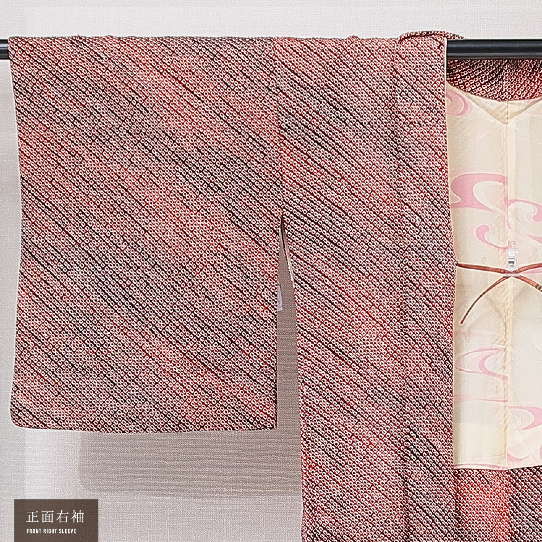 羽織 袷 身丈81cm 裄丈62cm 正絹 Aランク カジュアル バチ衿 Sサイズ 紐あり 花柄 赤系 RP 1232-15181