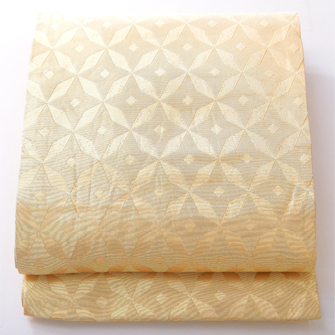 九寸名古屋帯 帯丈392cm カジュアル 開き仕立て 全通 Aランク 正絹 幾何学柄 金系 1224-03831