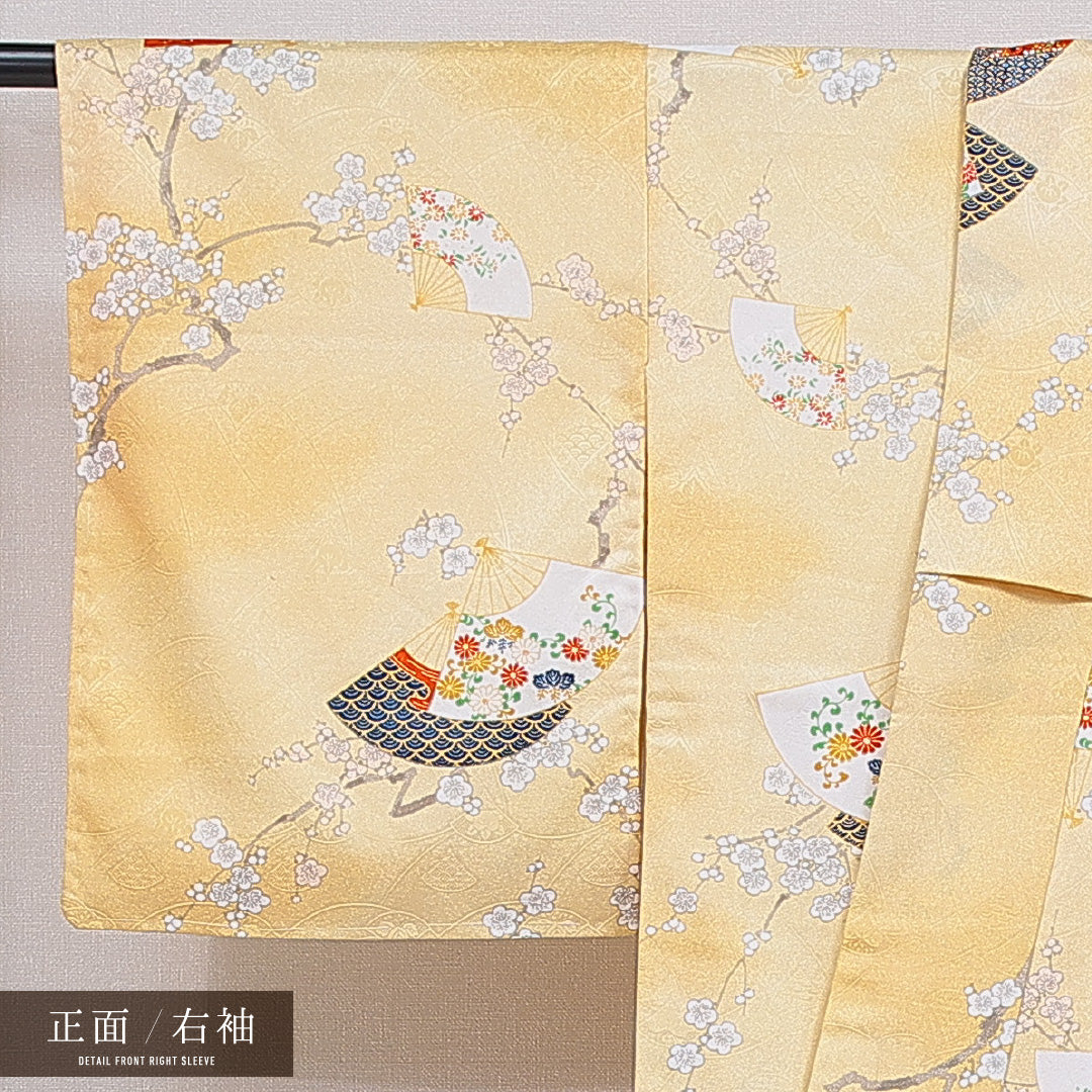洗える着物 小紋 袷 身丈159cm 裄丈64cm ポリエステル Aランク 紋意匠 (吉祥文様) インフォーマル 広衿 Mサイズ 古典柄 黄系 HP 1221-16379