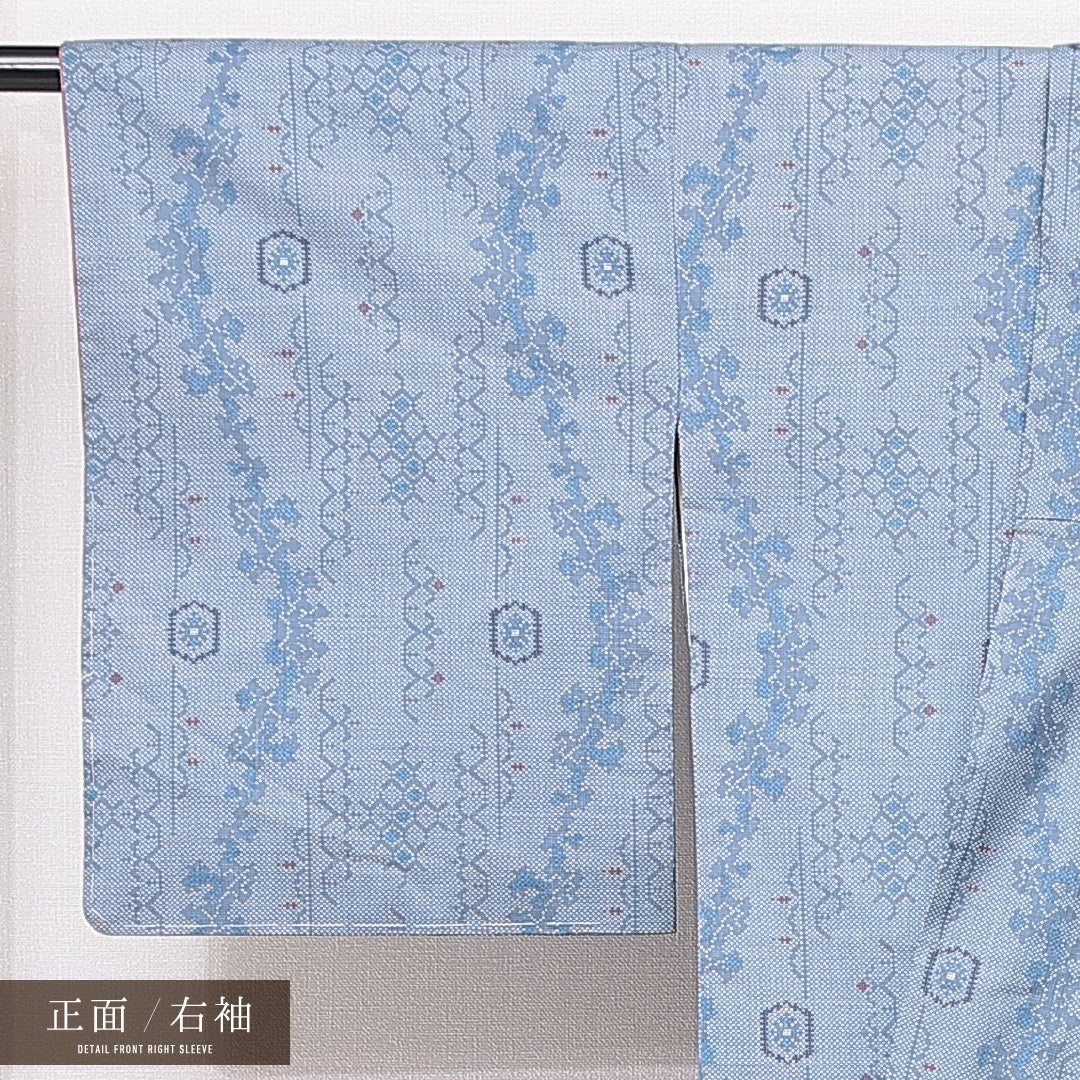 大島紬 袷 身丈157cm 裄丈62cm 正絹 Bランク インフォーマル 広衿 Mサイズ 花柄 水色系 RP 1223-15031