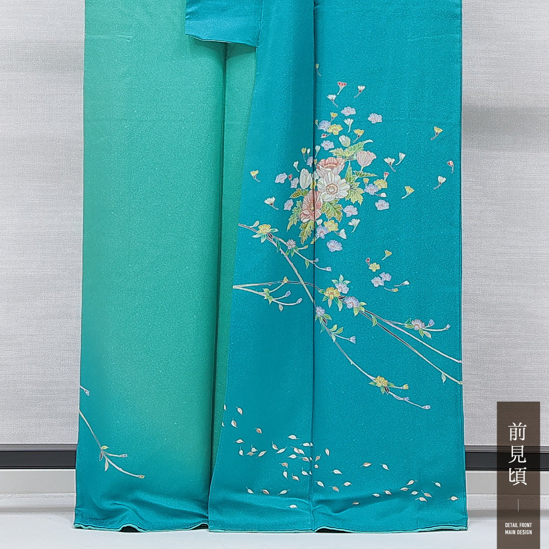 訪問着 洗える着物 袷 身丈163cm 裄丈67cm ポリエステル Cランク Lサイズ 広衿 セミフォーマル 牡丹 青系 緑系 1212-15678