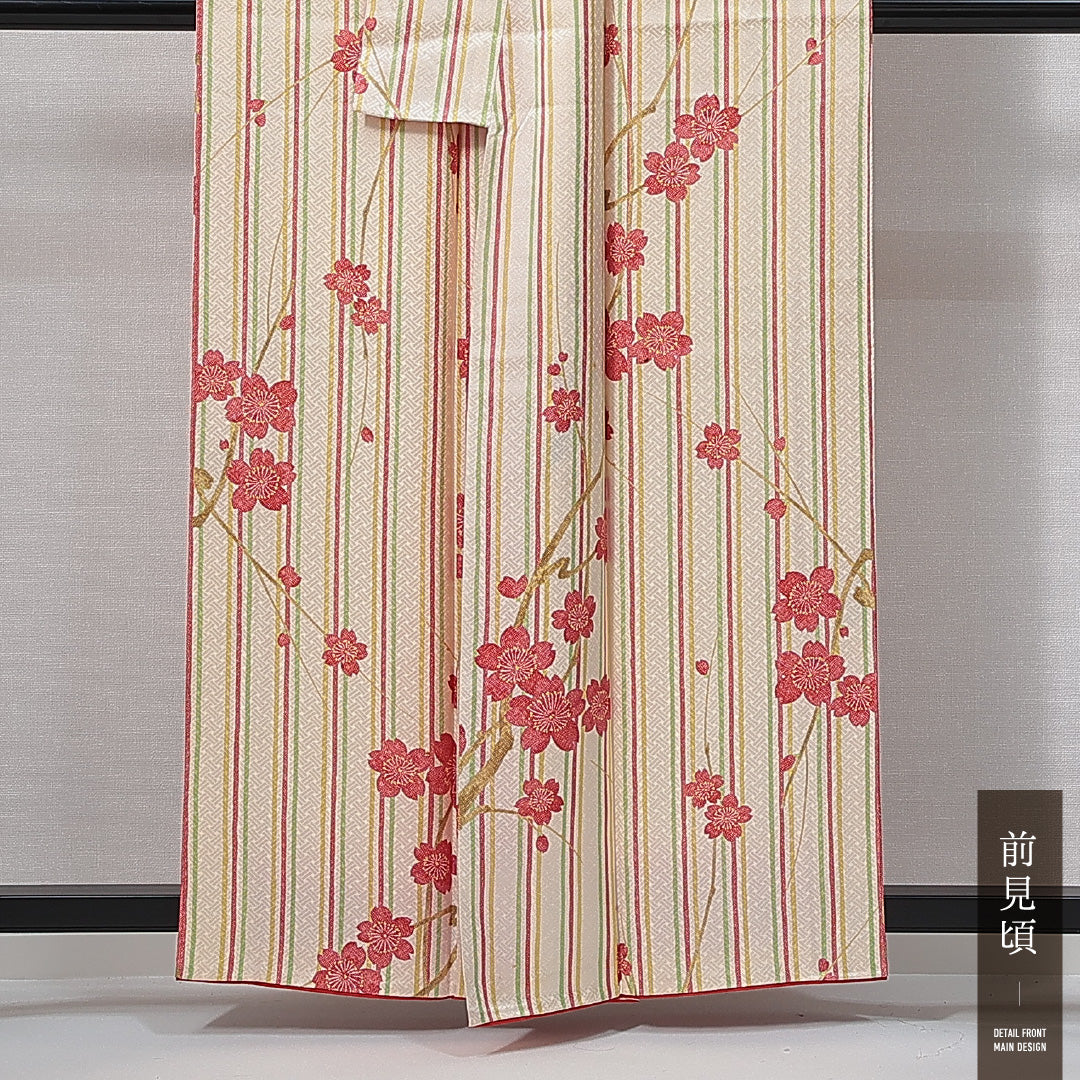 小紋 袷 身丈155cm 裄丈62cm レーヨン Cランク インフォーマル 広衿 Mサイズ 証紙 縞 桜 クリーム系 LP 1221-15009