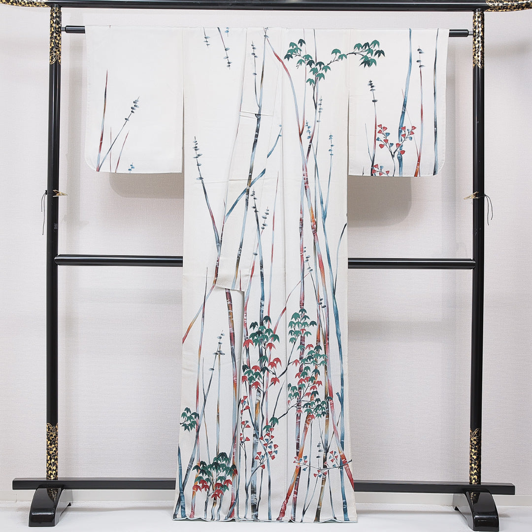 小紋 袷 身丈166cm 裄丈64cm 正絹 Cランク XLサイズ 広衿 インフォーマル 植物柄 ベージュ系 1215-15645