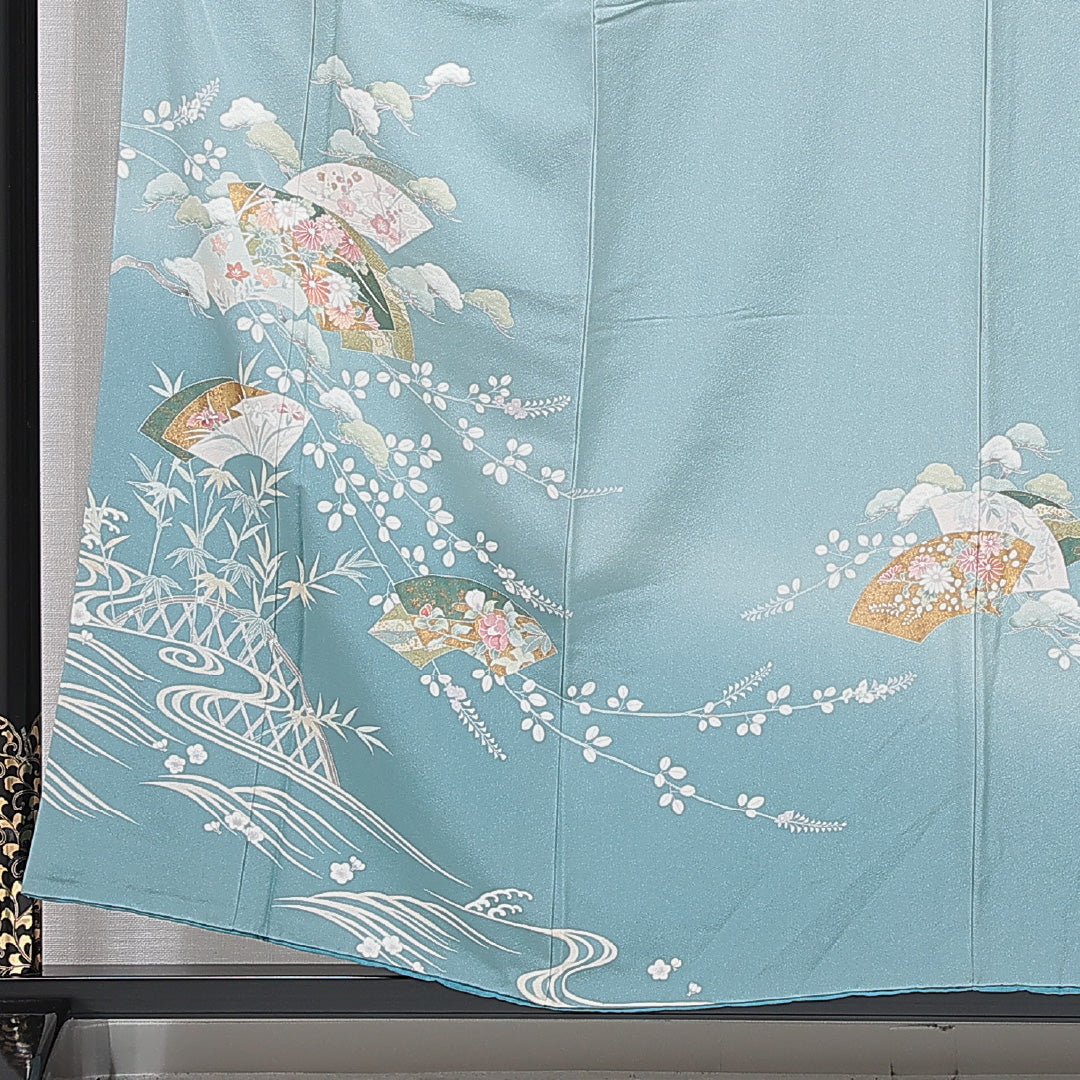訪問着 袷 身丈155cm 裄丈66cm 正絹 Bランク Mサイズ 広衿 セミフォーマル 扇 流水 菊 水色系 1212-15654