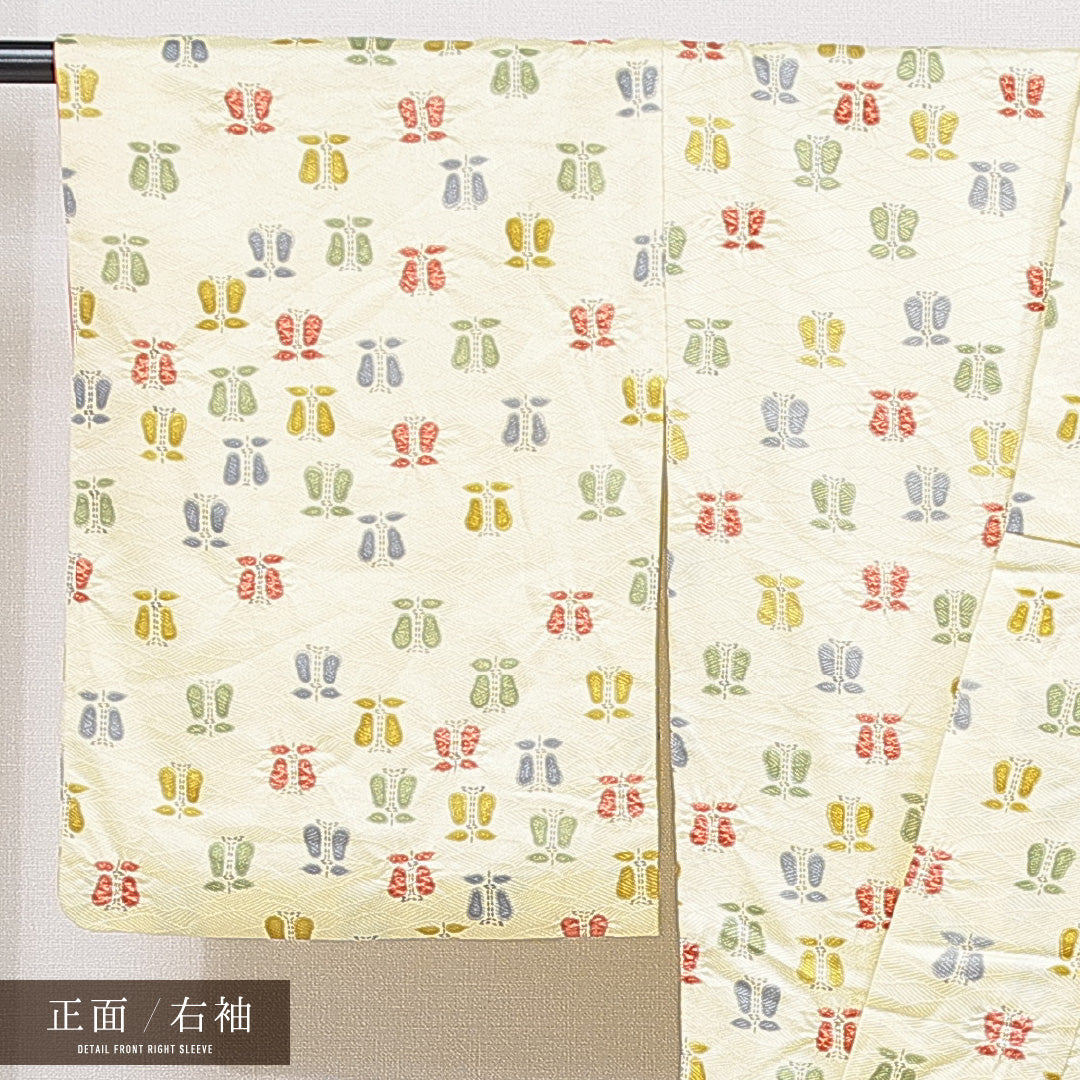 小紋 袷 身丈158cm 裄丈64cm 正絹 Cランク インフォーマル 広衿 Mサイズ 花柄 黄系 HP 1221-15550