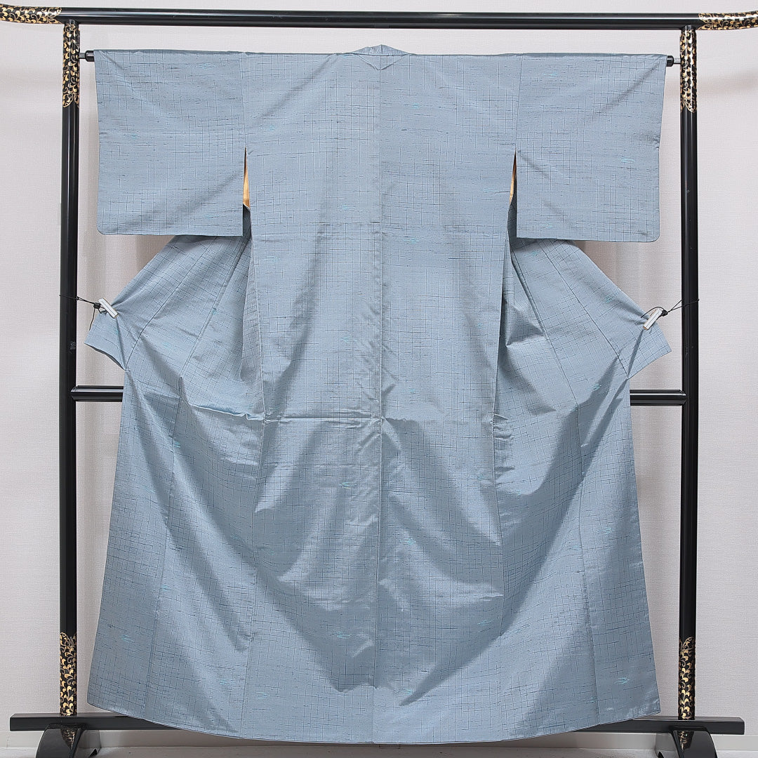 紬 袷 身丈160cm 裄丈64cm 正絹 Aランク Lサイズ 広衿 カジュアル 抽象柄 水色系 1216-16660