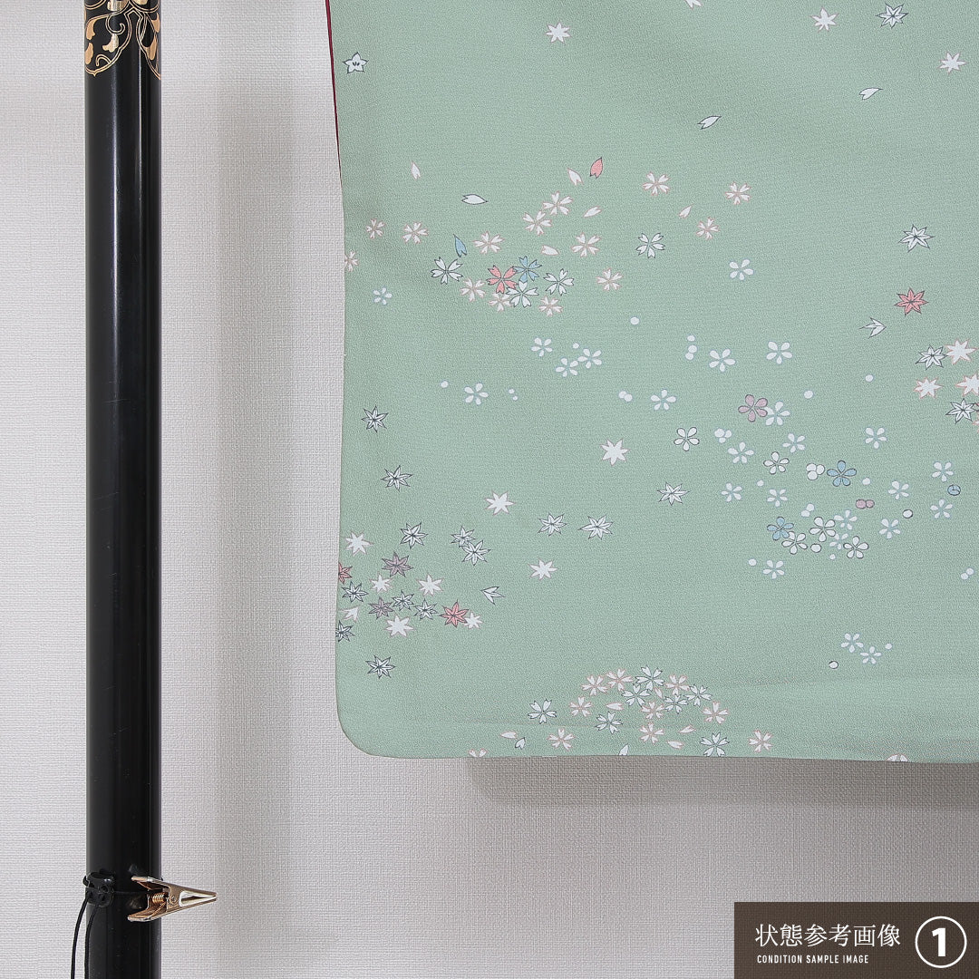 洗える着物 小紋 袷 身丈165cm 裄丈66cm ポリエステル Bランク インフォーマル 広衿 XLサイズ 桜 緑系 RP 1221-16106