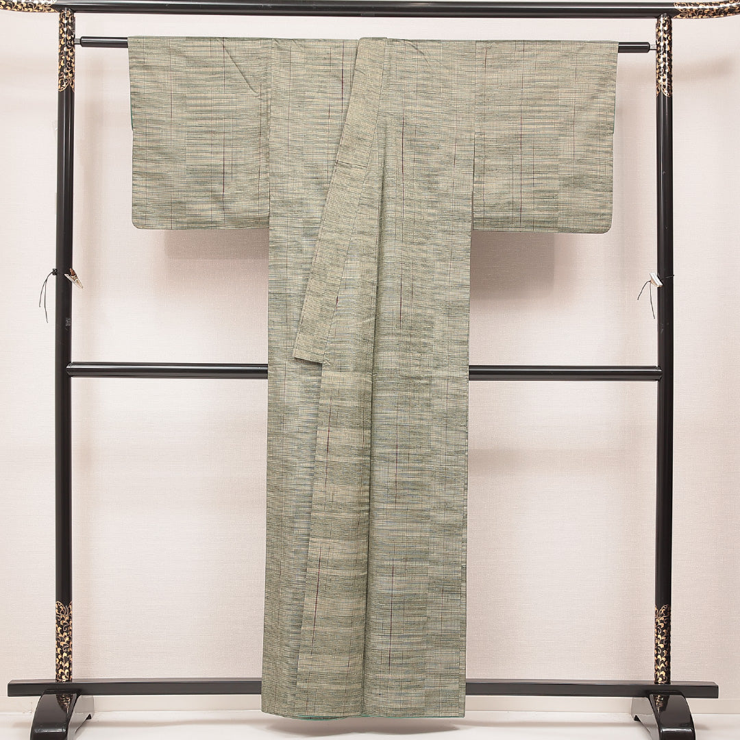 紬 胴抜き 身丈157cm 裄丈63cm 正絹 Cランク カジュアル バチ衿 Mサイズ 居敷当て 肩当て 抽象柄 緑系 LP 1223-16917