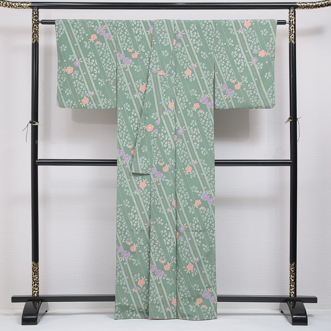 洗える着物 小紋 袷 身丈162cm 裄丈65cm ポリエステル Sランク インフォーマル 広衿 Lサイズ 撫子 緑系 RP 1221-16253