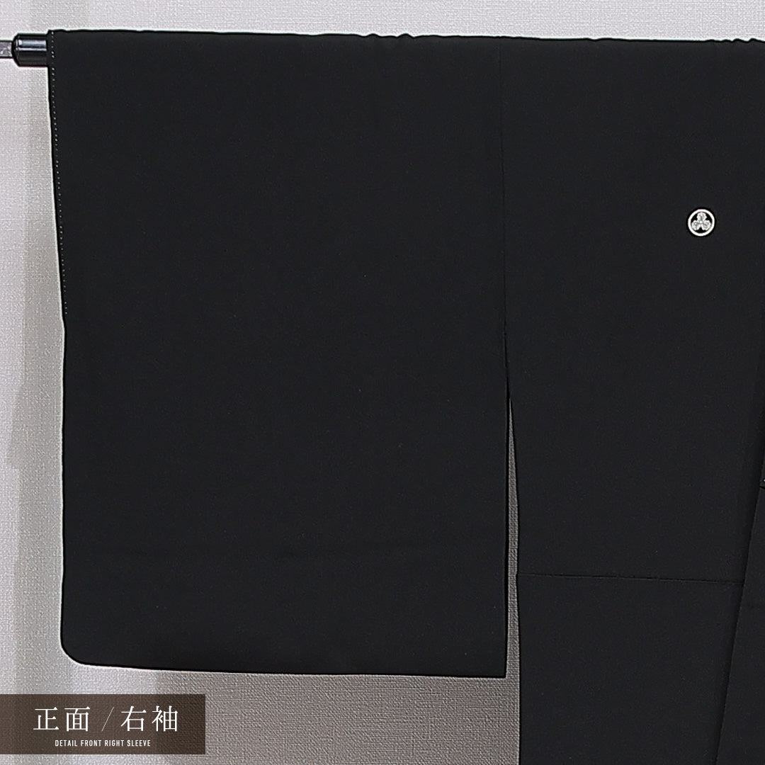 黒留袖 袷 身丈166cm 裄丈66cm 五つ紋 丸に三つ柏 フォーマル Cランク XLサイズ 正絹 比翼仕立て 広衿 扇 梅 松 1211-F0738