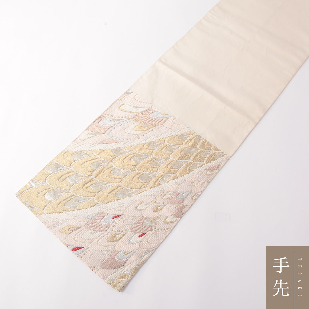 振袖用 袋帯 帯丈408cm 正絹 六通 唐織 羽 ピンク系 金系 1243-01755