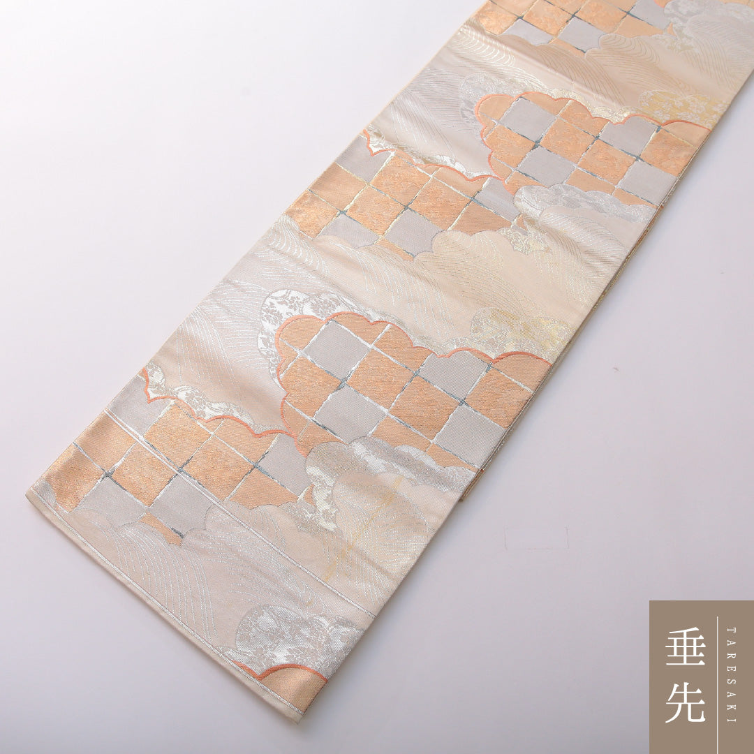 袋帯 帯丈426cm 正絹 六通 フォーマル 雲取り 格子 吉祥文様 銀系 1243-01992